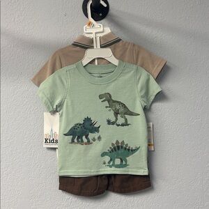 NWT Kid’s Headquarters Dino Tan Polo, Dino Green Tee & Brown Shorts 3-Piece Set